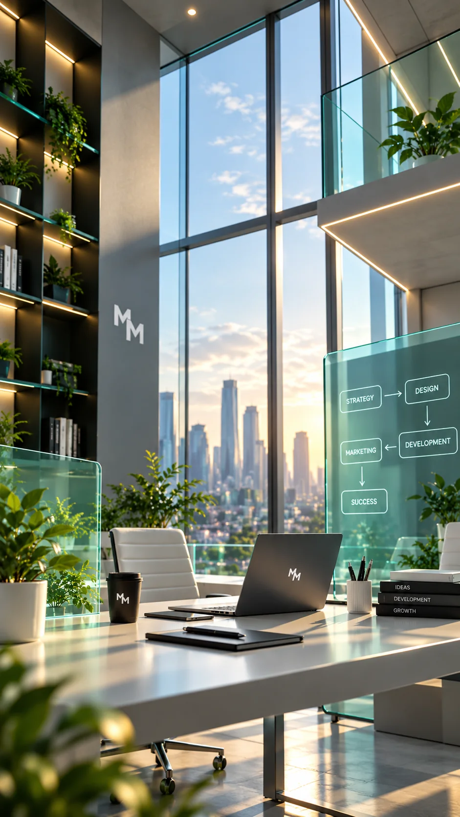 Bright MYME TECHIES workspace with a city skyline view, glass panels and a strategy-to-success workflow diagram